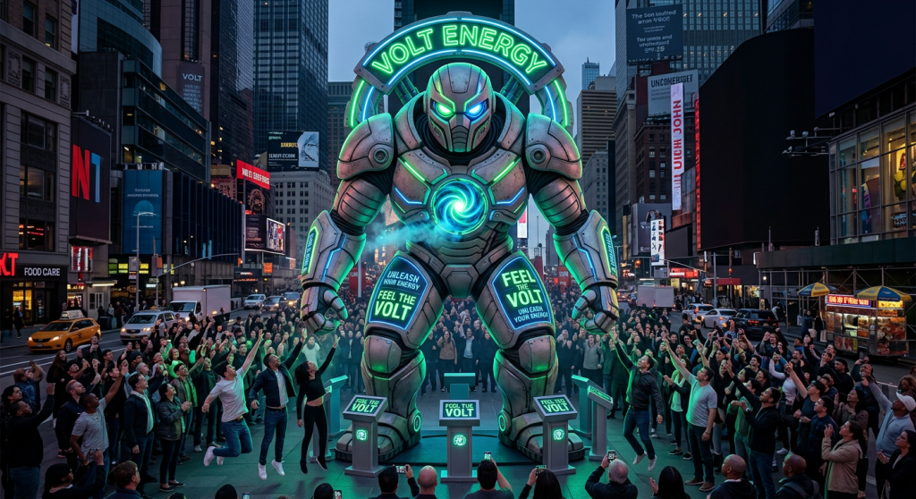 Large group of people around a brightly lit Volt Energy installation in an urban setting