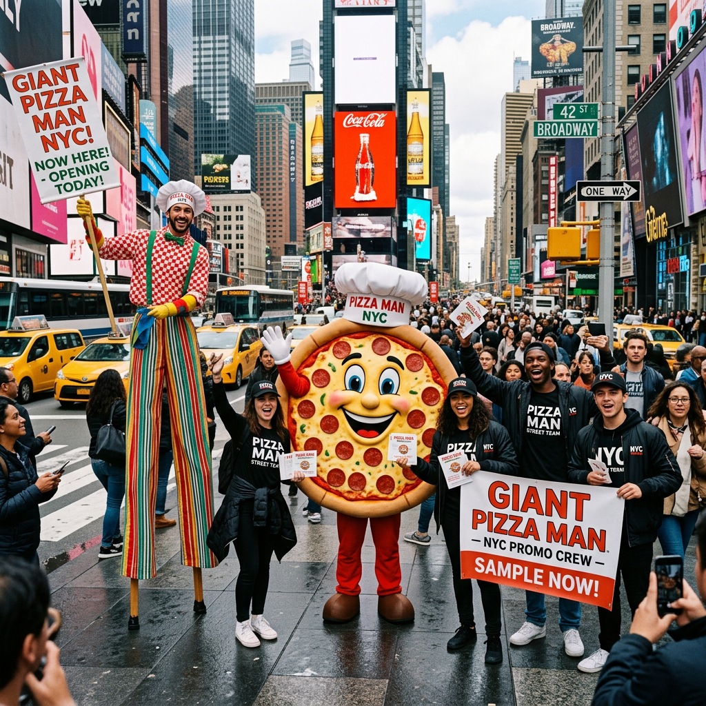 Promo team in Times Square with giant pizza mascot and sign announcing opening